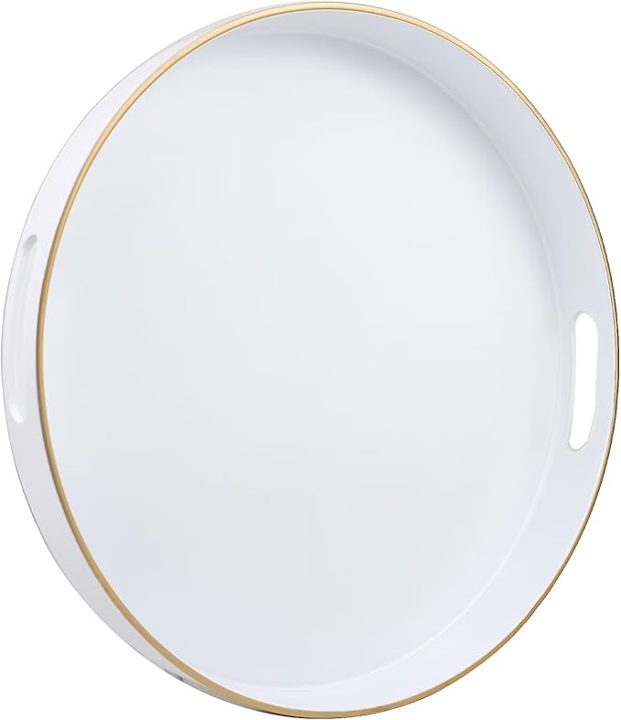 White Round Decorative Tray with Handles, 13" Versatile Serving Tray for Coffee Table, Ottoman, Ideal for Serving, Displaying, Organizing