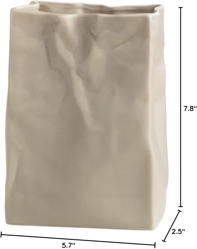 Crinkle Paper Bag Shape Ceramic Vase, Large Capacity for Flower Arrangement, Bookshelf Decorative (Coconut Café)