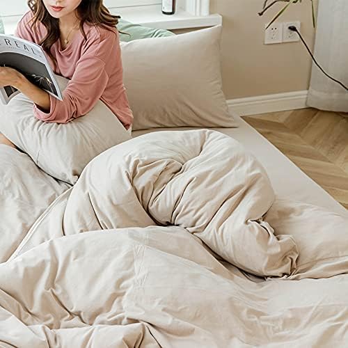 AMWAN Apricot Beige Duvet Cover Full Size Taupe Khaki Solid Bedding Set Jersey Knit Cotton Comforter Cover Simple Style 1 Beige Tan Duvet Cover Full