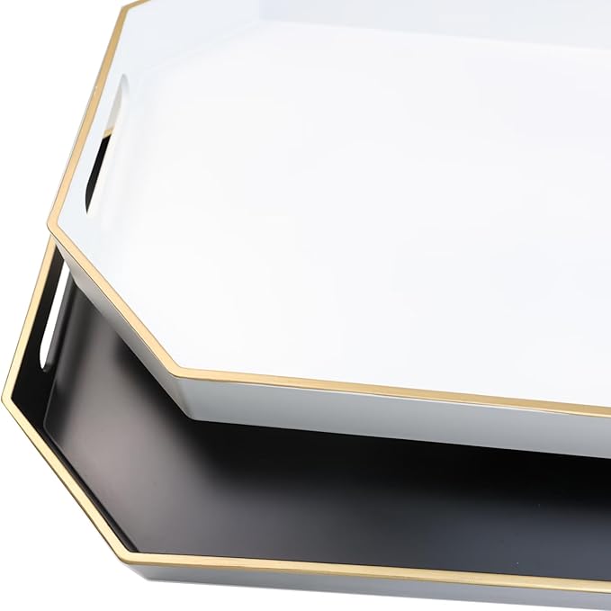 White Decorative Tray with Handles, Octagon Versatile Serving Tray for Coffee Table, Ottoman, Ideal for Serving, Displaying, Organizing