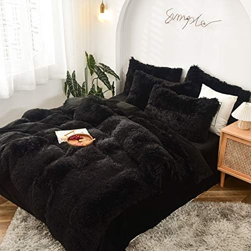 MorroMorn 5 PCS Shaggy Duvet Cover Bedding Set - Fluffy Comforter Cover Long Faux Fur Luxury Ultra Soft Cozy (Black, Full/Queen)