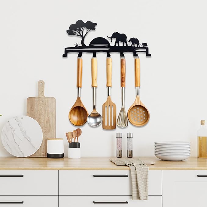 Elephant Family Metal Key Hook Rack - African Savannah Sunset Wall Decor - Practical and Artistic Key Organizer, Hallway, Kitchen, Office