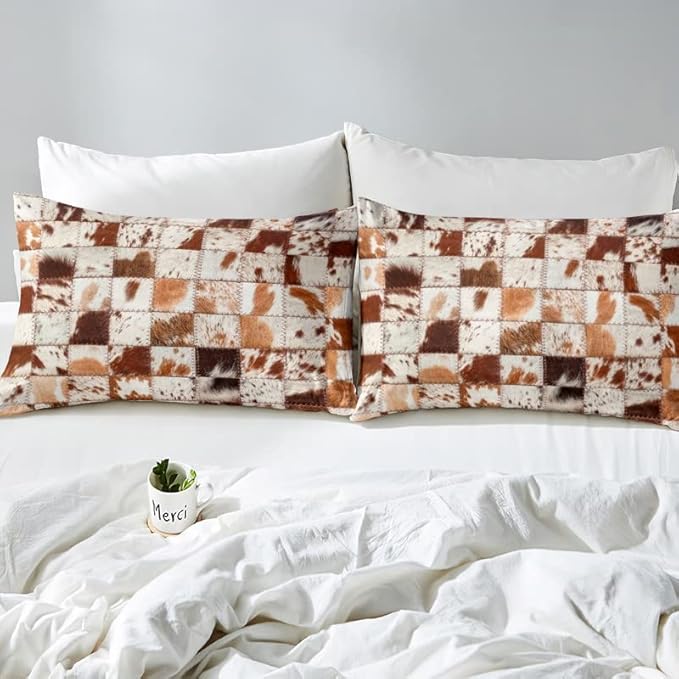 Feelyou Retro Farmhouse Duvet Cover Set Splicing Cow Printed Comforter Cover for Kids Adults Cattle Fur Country Style Bedding Set 1 Duvet Cover & 1 Pillowcase