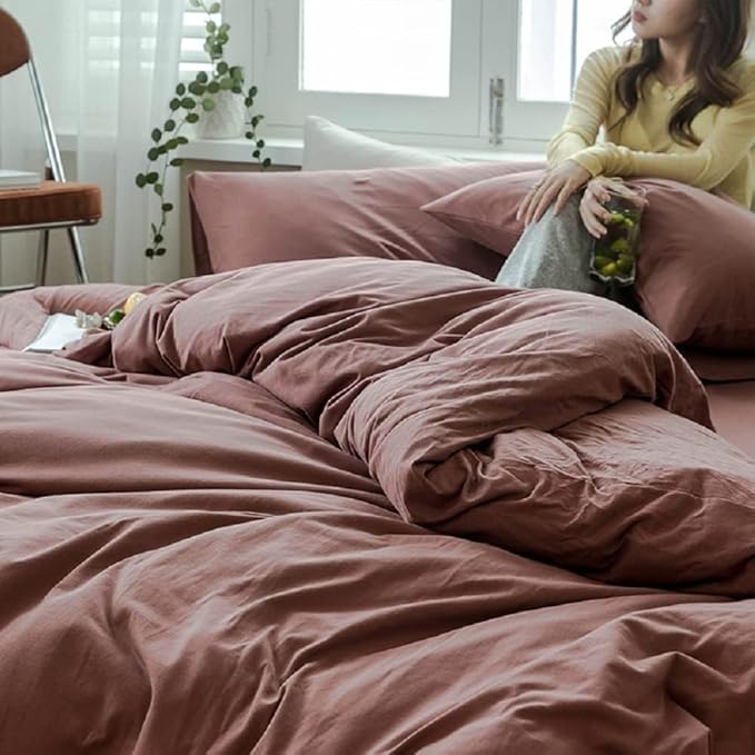 AMWAN Brick Red Duvet Cover Full Size Soft Jersey Knit Cotton Duvet Cover Solid Red Bedding Sets Simple Style Brick Red Comforter Cover 1 Full Duvet Cover with 2 Pillowcases Boho Farmhouse Bed Set