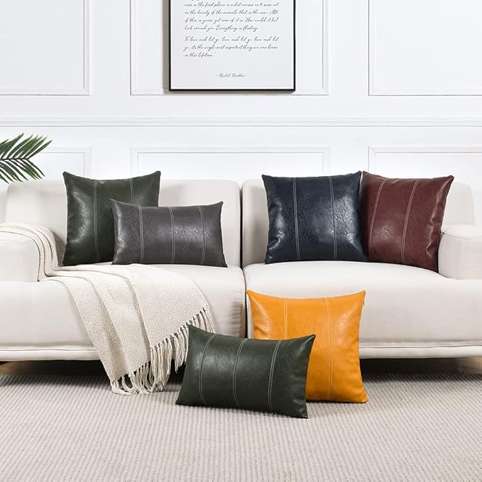 Fancy Homi 2 Packs Dark Gray Long Lumbar Faux Leather Decorative Throw Pillow Covers 12x24 Inch for Outdoor Couch Bed, Modern Farmhouse Boho Home Decor, Grey Hand Stitched Cushion Case 30x60 cm