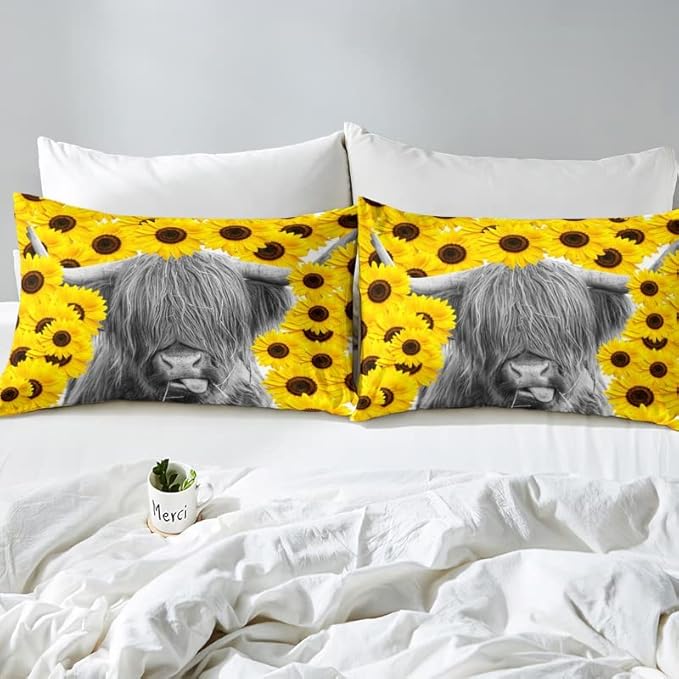 Feelyou Highland Cattle Duvet Cover Set Sunflower Printed Comforter Cover for Kids Adults Cow Bedding Set 1 Duvet Cover & 2 Pillowcases