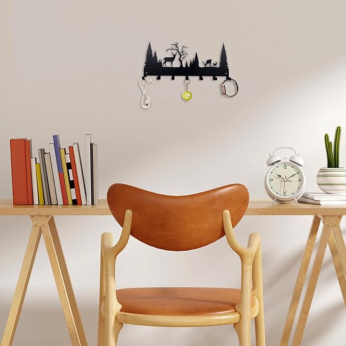 Forest Silhouette Metal Hook Rack - Rustic Wall Mounted Hooks for Coats, Keys, and Outdoor Gear - Decorative Deer & Pine Tree Design, Black