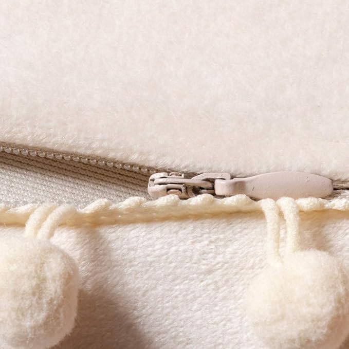 DEZENE Couch Pillow Covers 24x24 Cream: 2 Pack Cozy Soft Pom-poms Velvet Square Throw Pillow Cases for Farmhouse Home Decor