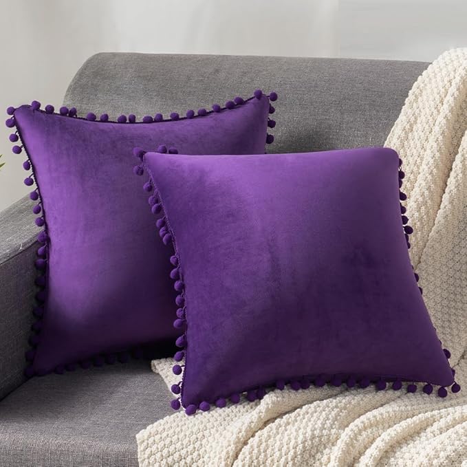 DEZENE 22x22 Throw Pillow Cases Purple: 2 Pack Cozy Soft Pom-poms Velvet Square Decorative Pillow Covers for Farmhouse Home Decor