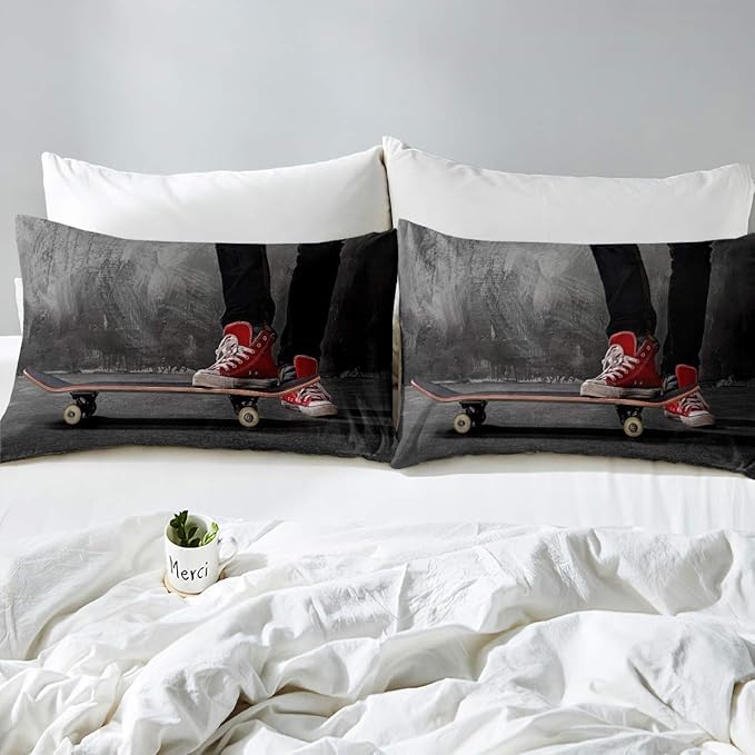 Feelyou Youth Skateboard Comforter Cover Set Boys Teenage Sports Theme Duvet Cover Hippie Skater Bedding Set 2 Pillowcases Full Size