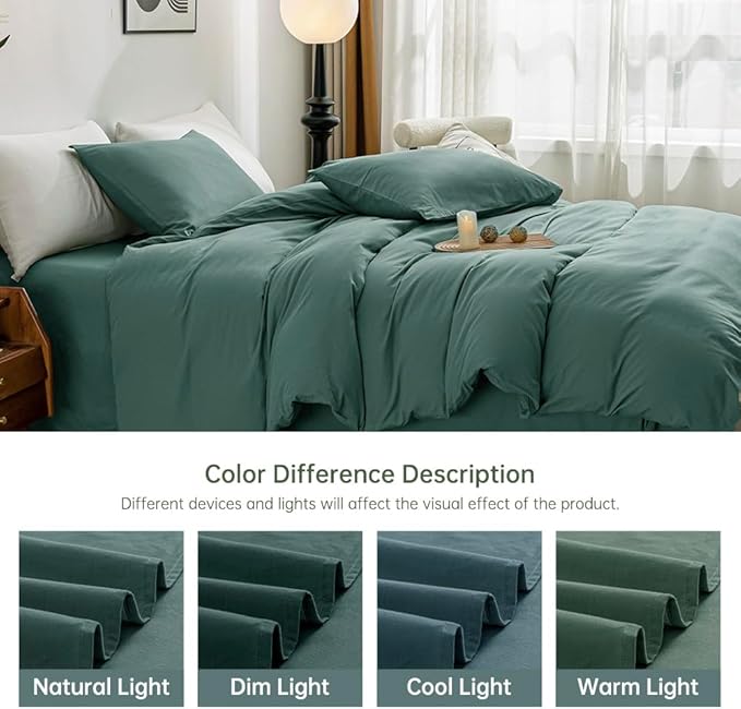 JELLYMONI Cotton Duvet Cover Twin Size - 100% Washed Cotton Linen Feel Textured Comforter Cover, 2 Pieces Breathable Soft Bedding Set with Zipper Closure (Dark Green, Twin 68"×90")