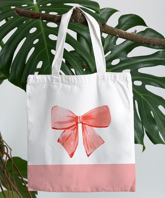 Coquette Pink Bow Preppy Canvas Tote Bag for Women Teens Teen Girls, Pink Bow Girls Tote Bag, Coquette Gifts