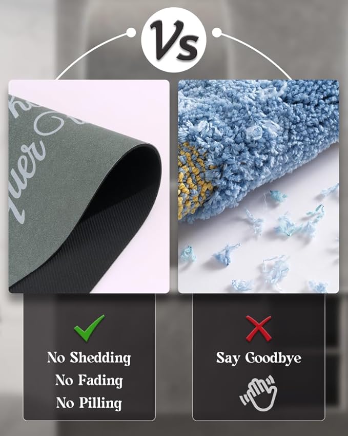 MontVoo -Bath Mat Rug- Non Slip Quick Dry Absorbent Thin Bathroom Rugs Fit Under Door-Faux Suede Surface Bathroom Floor Mats-Shower Rug for in Front of Bathtub Shower 17 X59 Green Text Pattern