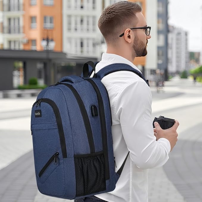 Asenlin Travel Laptop Backpack for Women & Men,Water Resistant Business Slim Sturdy Laptops Backpack with USB Charging Port,Fits 17.3 Inch Notebook College School Computer Bag-Blue