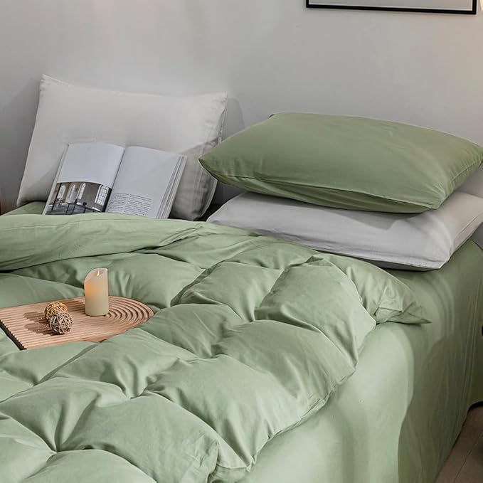 JELLYMONI Light Green Duvet Cover California King - 100% Washed Cotton Linen Like Textured Comforter Cover, 3 Pieces Breathable Soft Bedding Set with Zipper Closure (Light Green,Cal King 104"x98")