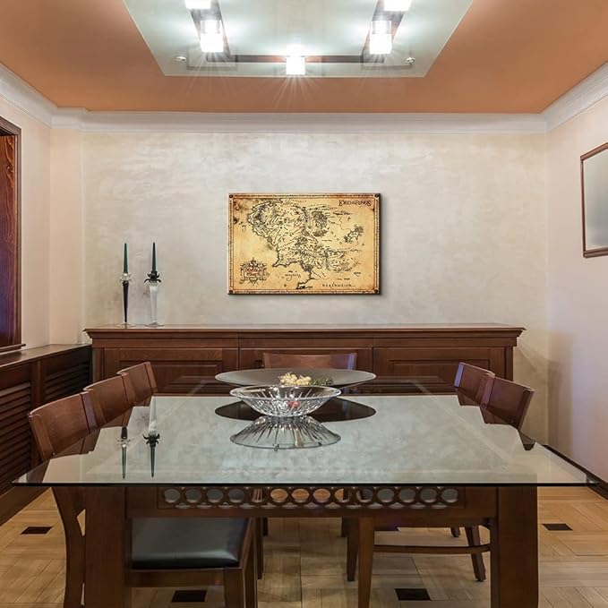 Middle Earth Map Wall Art Canvas Print - Fantasy Map of Middle Earth - 16''H x 24''W with Inner Wooden Frame - Lightweight & Easy to Hang - Perfect for Bedroom, Game Room Decor