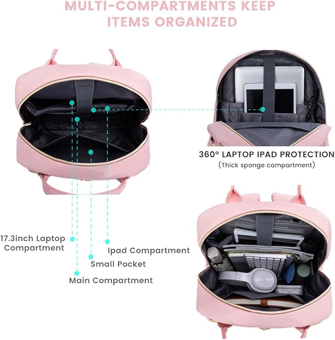 LOVEVOOK Laptop Backpack for Women, Water Resistant Travel Work Backpacks Purse Stylish Business Teacher Nurse Computer Bag with USB Charging Port,Pink