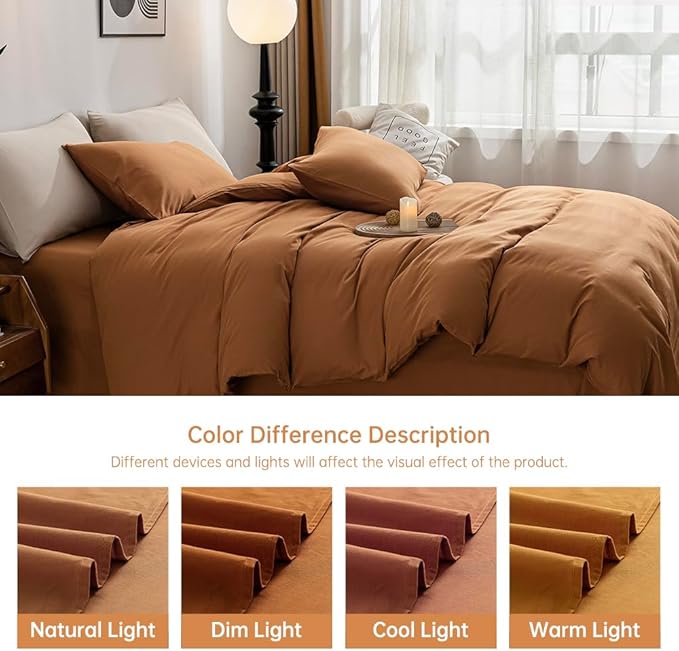 JELLYMONI Burnt Orange Duvet Cover Queen Size - 100% Washed Cotton Linen Like Textured Comforter Cover, 3 Pieces Breathable Soft Bedding Set with Zipper Closure (Burnt Orange, Queen 90"x90")