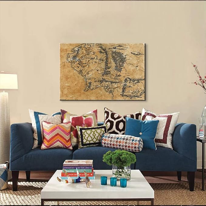 Map of Middle Earth Wall Decor - Middle Earth Map Wall Art with Inner Wooden Frame, Lightweight & Easy Hanging, Paintings for Game Room & Bedroom, 28x40 Inches