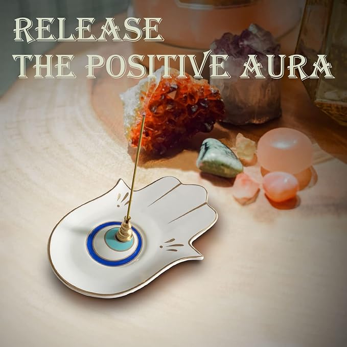 Ceramic Hamsa Hand Incense Holder - 2 in 1 Brass Incense Holder for Sticks and Coil Incense- Zen Decor with Hand of Fatima Design Protection from Evil - 6.2" L X 4.5" W (WhiteEye)