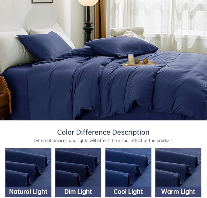 JELLYMONI Cotton Duvet Cover California King - 100% Washed Cotton Linen Feel Textured Comforter Cover, 3 Pieces Soft Bedding Set with Zipper Closure (Navy Blue, Cal King 104"x98")