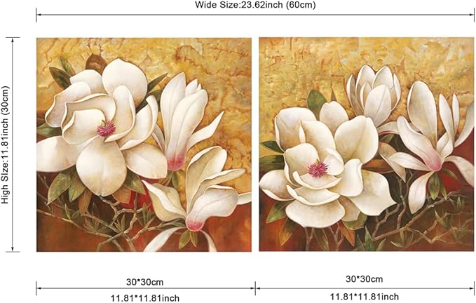 Pyradecor Magnolia Flowers Modern 2 Piece Stretched Floral Canvas Prints Oil Paintings Artwork Style Brown Pictures on Canvas Wall art for Living Room Bedroom Home Decorations