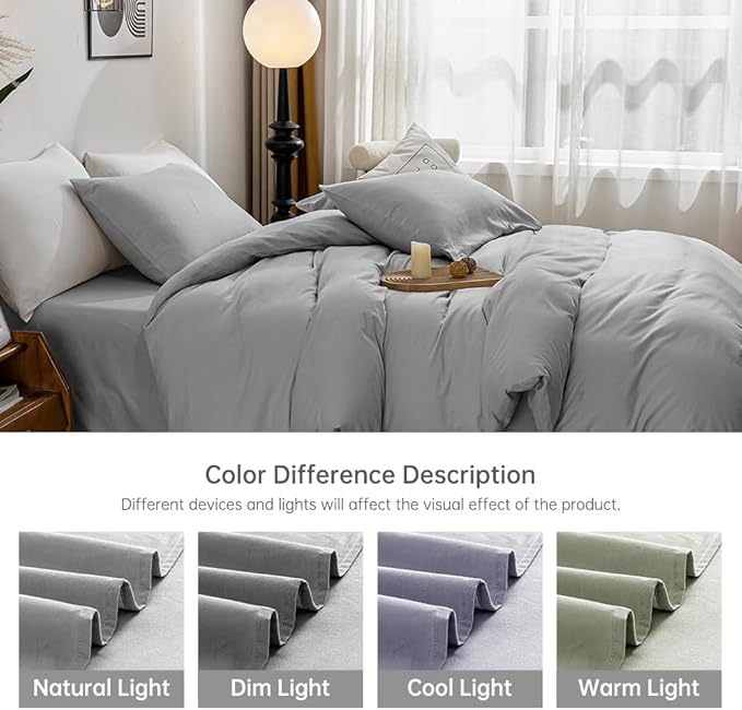 JELLYMONI Cotton Duvet Cover California King - 100% Washed Cotton Linen Like Textured Comforter Cover, 3 Pieces Soft Bedding Set with Zipper Closure (Light Gray, Cal King 104"x98")