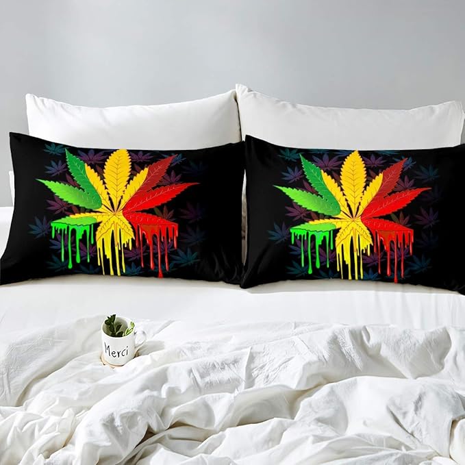 Feelyou Marijuana Duvet Cover Set Trippy Cannabis Leaves Bedding Set Marijuana Weed Botanical Comforter Cover 1 Quilt Cover + 1 Pillowcase Twin Size