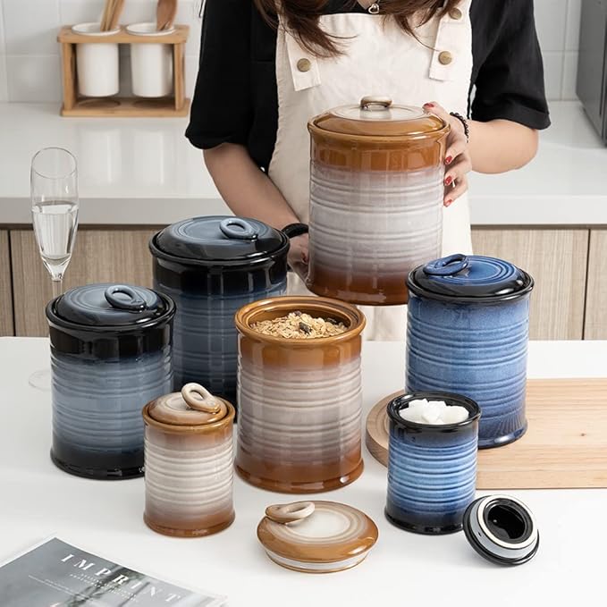 Nihow Ceramic Food Storage Jar Sets: Container with Air Tight Ceramic Lid for Flour/Sugar/Rice/Coffee/Cookies/Candy - Seal Damp-proof Canister for The Kitchen - Set of 3 (Gray)