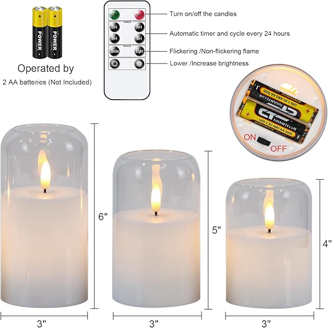 GenSwin Glass Flameless Candles with Remote Timer, Clear Battery Operated Candles with Flickering Flame, Glass and Real Wax LED Pillar Candle for Halloween Christmas Home Decor(Set of 3, D3”x4”5”6”)