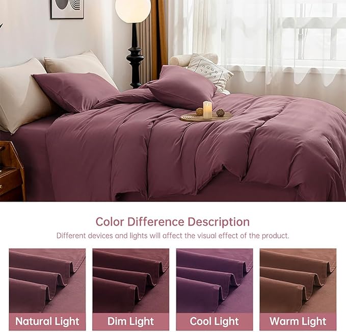 JELLYMONI Plum Duvet Cover King Size - 100% Washed Cotton Linen Like Textured Comforter Cover, 3 Pieces Lightweight Soft Bedding Set with Zipper Closure (Plum, 104"x90")