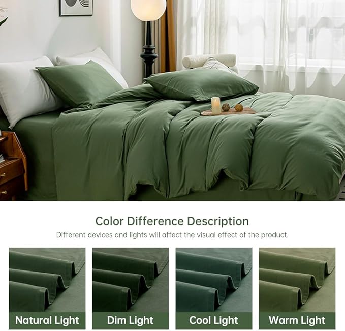 JELLYMONI Green Duvet Cover Super Queen Size - 100% Washed Cotton Linen Feel Textured Comforter Cover, 3 Pieces Breathable Soft Bedding Set with Zipper Closure (Green,98"x90")