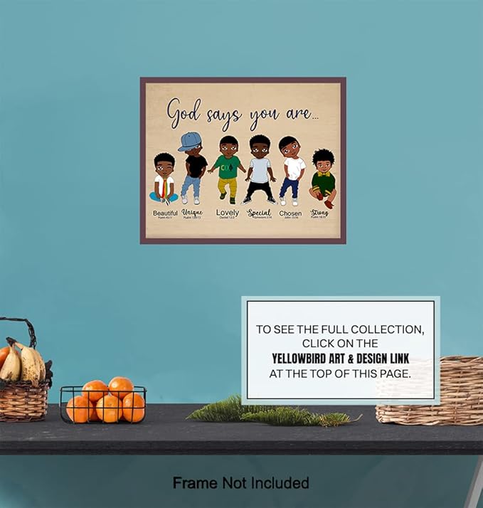 African American Boys Wall Art LARGE 11x14 - Christian Gifts - Bible Verse - Religious Wall Decor for Boys Room - Scripture Wall Art - Black Art - Inspirational Quotes - Bedroom Decor - God Wall Decor
