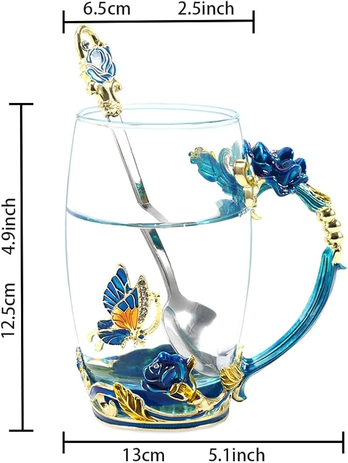 Birthday Gifts For Women,Butterfly Flower Glass Tea Cup Sky Blue Rose Coffee Mug For Women Mom Wife Sister Coworker Female Friend on Anniversary Christmas Mothers day Presents