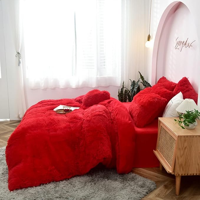 MorroMorn 5 PCS Shaggy Duvet Cover Bedding Set - Long Faux Fur Luxury Ultra Soft (Red, King/California King)
