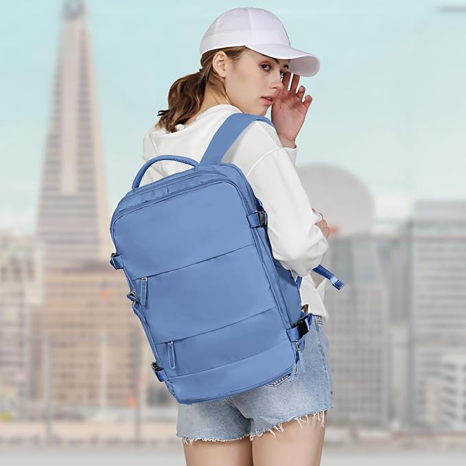 coowoz Large Travel Backpack For Women Men,Carry On Backpack Flight Approved,Hiking Backpack Outdoor Rucksack Casual Daypack Fit 15.6 Inch Laptop Shoes Compartment (Sky Blue L)