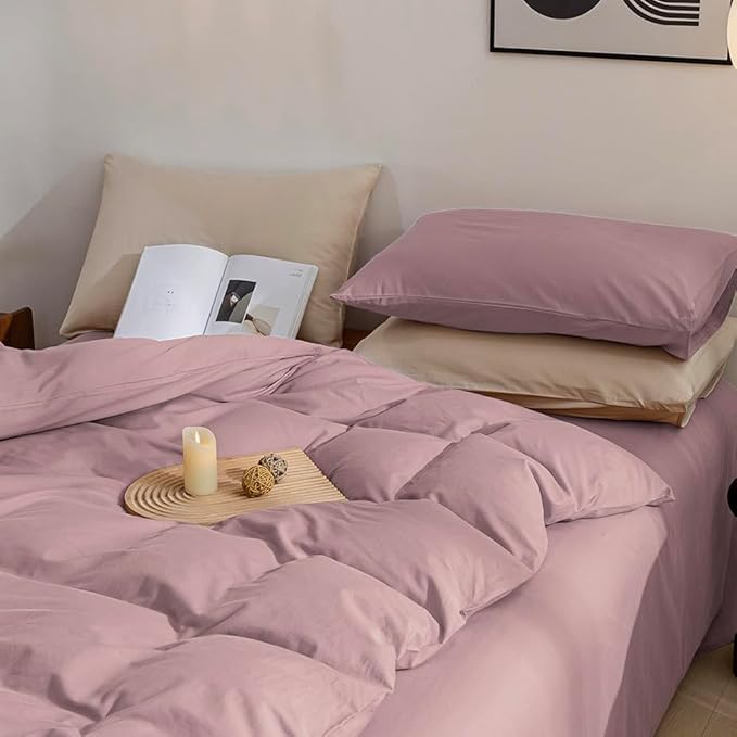 JELLYMONI Cotton Duvet Cover Twin Size - 100% Washed Cotton Linen Feel Textured Comforter Cover, 2 Pieces Breathable Soft Bedding Set with Zipper Closure (Dusty Pink, Twin 68"x90")