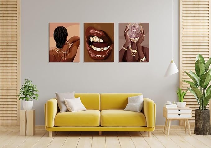 ANVOTIG Framed Black Woman Wall Art Set of 3 Black Girl African Women Canvas Wall Decor American Black Female Pictures Boho Fashion Abstract Posters for Home BedRoom Living Room Bathroom16x24in