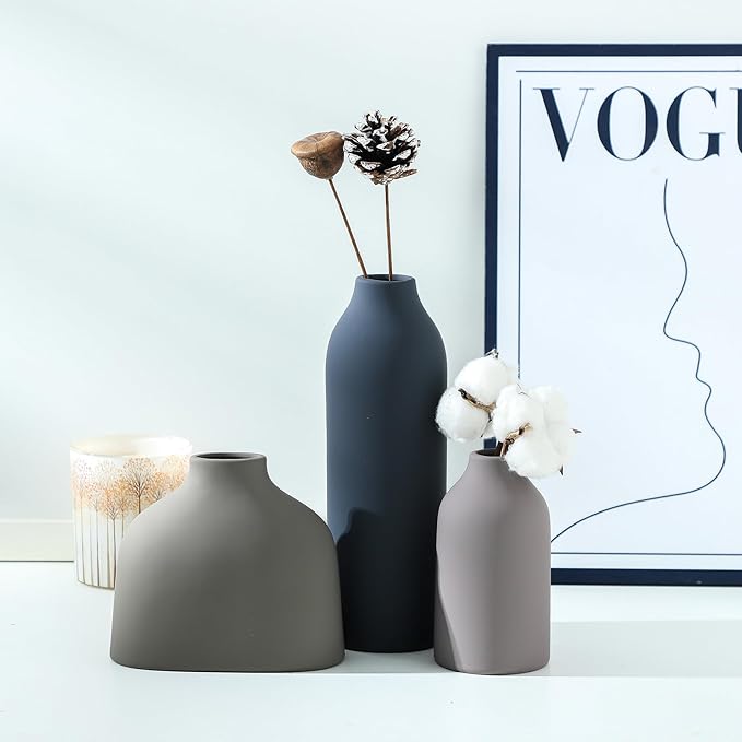 Ceramic Vase Set of 3,Flower Vase Home Decor,Modern Farmhouse Decor, Pampas Grass Dried Fresh Flowers,Bedroom,Living Room,Bookshelf Decoration, Centerpiece Table Boho Decor.