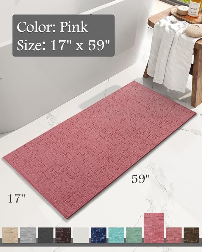 AMOAMI-Bath Mat-Absorbent Quick Dry Bathroom Floor Mats-Washable Rubber Backing Bath Mats for Bathroom Rugs Fit Under Door-Bath Rug for in Front of Sink Bathtub Shower Room, Pink 17''x59''