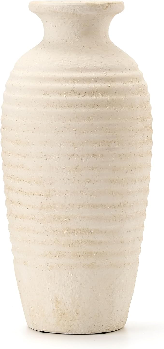 Ceramic Natural Rustic Vase, 14.4 Inch Large Vintage Flower Threaded Decorative Farmhouse Tall Vase for Home Decor, Living Room, Shelf Decor, Wedding, Housewarming Gift, Off-White