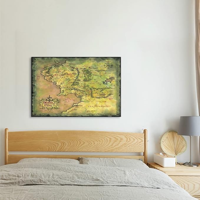 Middle Earth Map Wall Art Canvas Print - Fantasy Map of Middle Earth - 16''H x 24''W with Inner Wooden Frame - Lightweight & Easy to Hang - Perfect for Bedroom, Game Room Decor