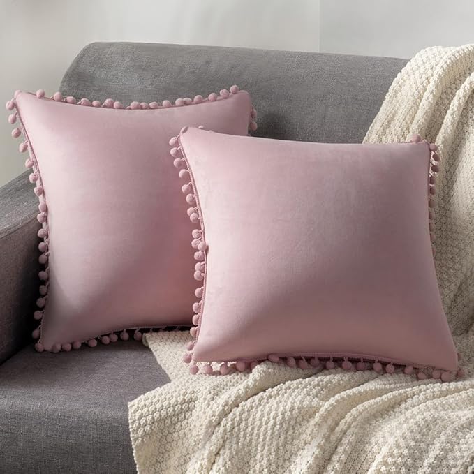 DEZENE 18x18 Throw Pillow Covers Pink: 2 Pack Cozy Soft Pom-poms Velvet Square Decorative Pillow Cases for Farmhouse Home Decor
