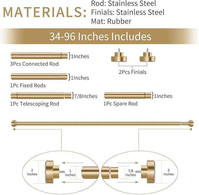 YNL Tension Shower Curtain Rod 34-96 Inches(2.8-8ft) Adjustable Spring Shower Rod No Drilling, Non-Slip, Never Rust, Stainless Steel, Suitable for Bathroom Window Kitchen, Gold