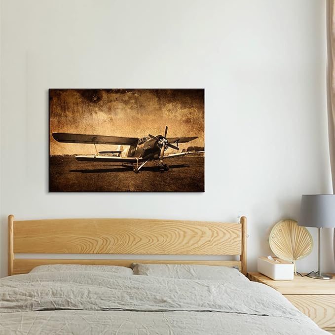 Vintage Fighter Plane Canvas Art - Elderly Propeller Airplane Decor for Home Office - Ready to Hang (28''Hx40''W)
