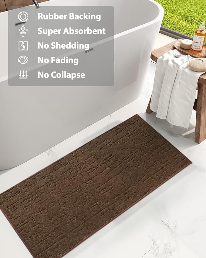 AMOAMI-Bath Mat-Absorbent Quick Dry Bathroom Floor Mats-Washable Rubber Backing Bath Mats for Bathroom Rugs Fit Under Door-Bath Rug for in Front of Sink Bathtub Shower Room, Chocolate 24''x70''