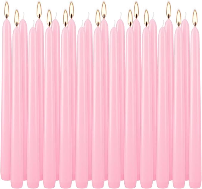 24 Pack Pink Taper Candles, 7-8 Hours Burn Time, Unscented, Smokeless and Dripless, 0.75 x 10 Inch Dinner Candle Set for Household, Wedding, Party and Home Décor Candlesticks