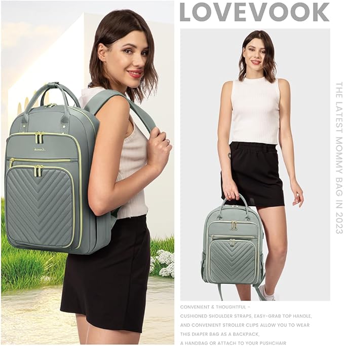 LOVEVOOK Laptop Backpack for Women, Water Resistant Travel Work Backpacks Purse Stylish Business Teacher Nurse Computer Bag with USB Charging Port,Gray-Green