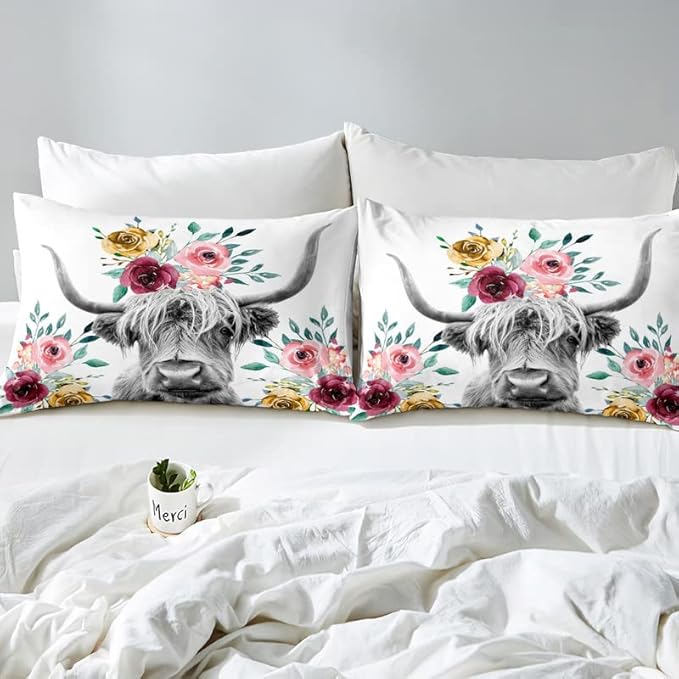 Feelyou Cow Duvet Cover Set Highland Cattle Flowers Comforter Cover Floral Printed Bedding Set for Kids Adults 1 Duvet Cover & 2 Pillowcases