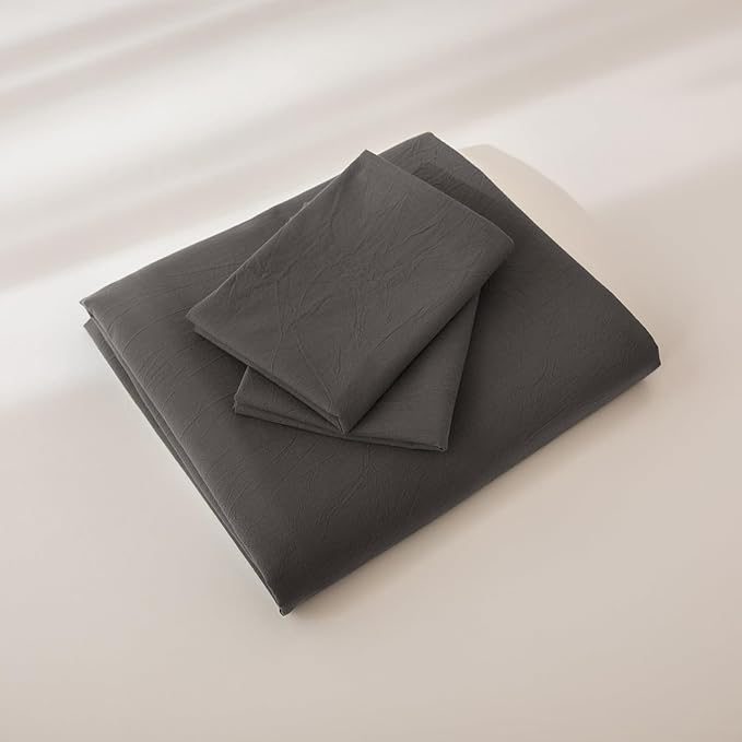 JIYUAN 100% Washed Cotton Duvet Cover Set 3 Pieces Cal King, 1 Duvet Cover 104x98 Inches(Comforter Not Included) and 2 Pillowcases,Linen Feel Bedding Set Comfy and Breathable,Solid Dark Grey